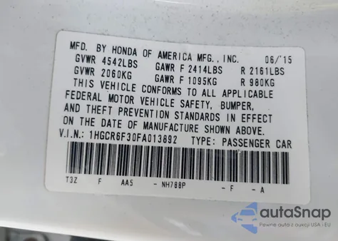 2015 Honda Accord Hybrid from USA, damaged, VIN 1HGCR6F30FA013892